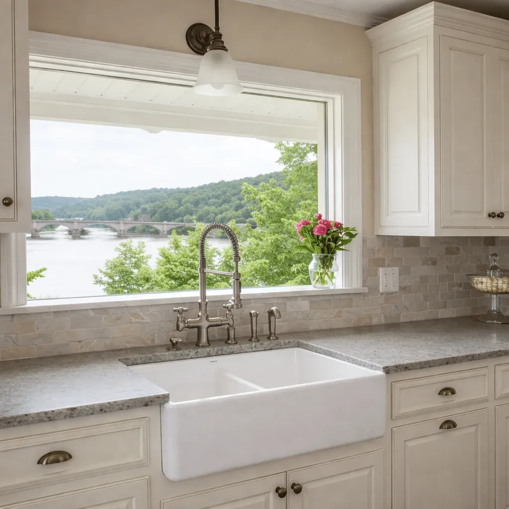 Farmhouse sink under a picture window in Charlotte