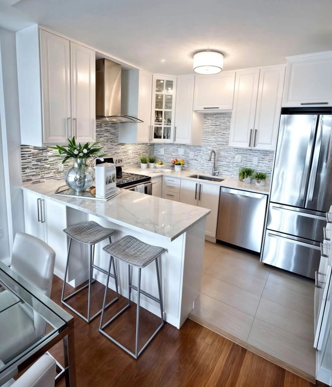 Bright white kitchen remodel with quartz countertops